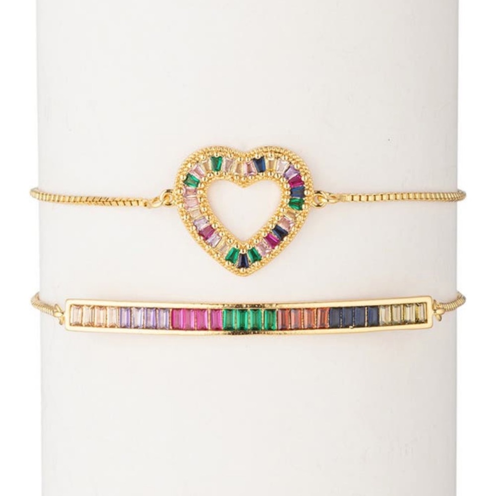 Eye Candy Los Angeles | NWT 18k Gold Plated Rainbow Heart Bar Bracelet 2-piece